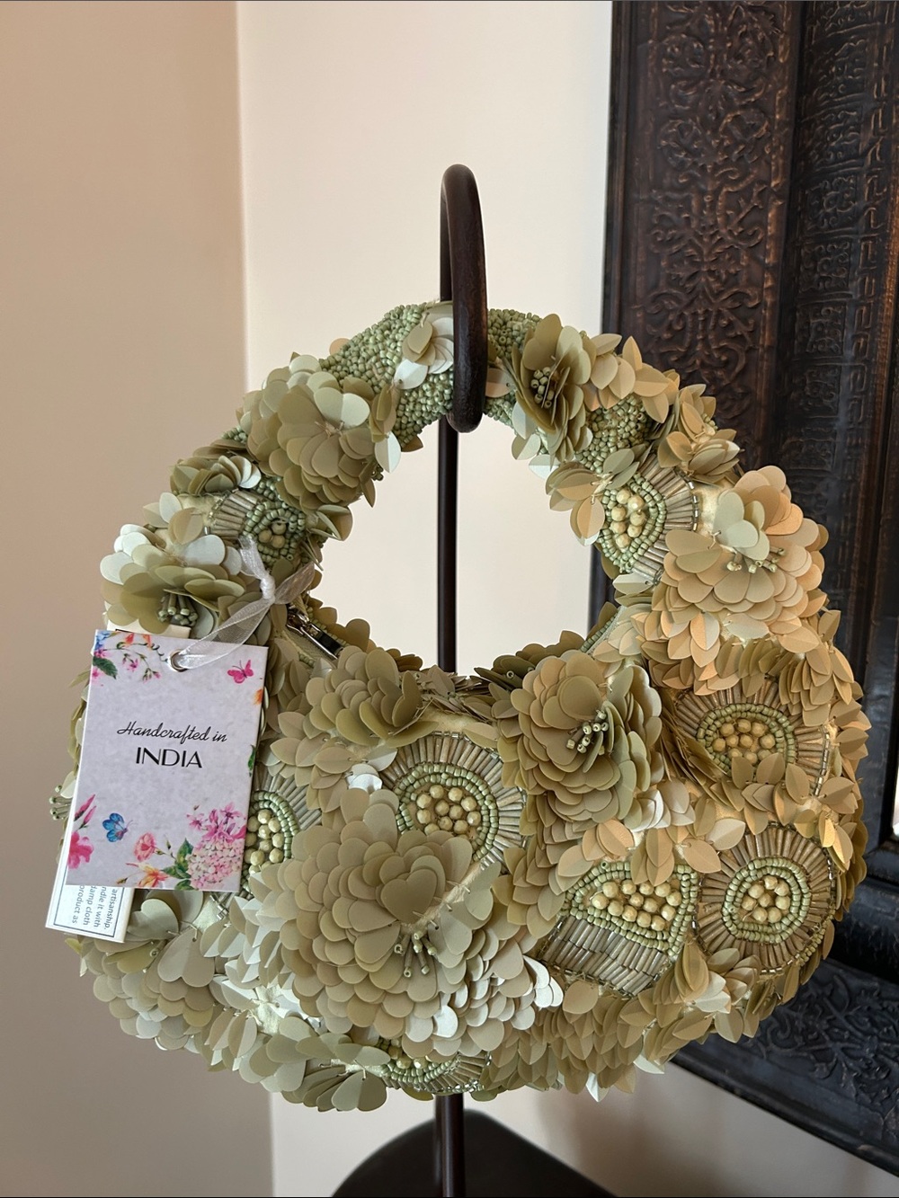 Handcrafted 3D Floral Beaded Hobo Bag Sage Green Sequin Statement Evening Purse